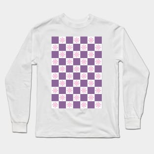 Retro Purple, Pink Checkered Floral Pattern Long Sleeve T-Shirt